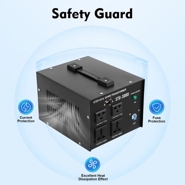 Spændingsomformer - STU-3000 - 3000 W - Step-up/Step-down - Indgang 110/200/220/240 V - Udgang 110/220 V - Sort