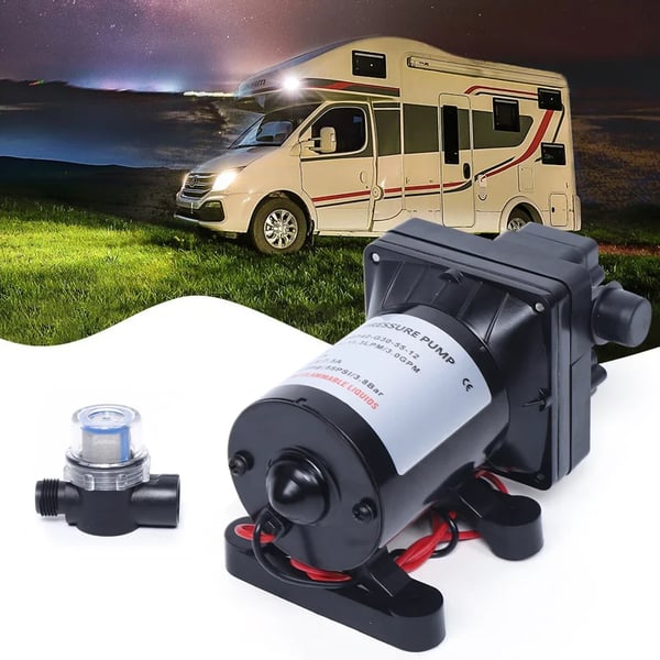 Vandpumpe - 12V DC membranpumpe - Selvansugende - Trykpumpe - Til have og autocamper - EU-stik - Sort