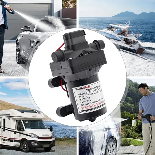 Vandpumpe - 12V DC membranpumpe - Selvansugende - Trykpumpe - Til have og autocamper - EU-stik - Sort