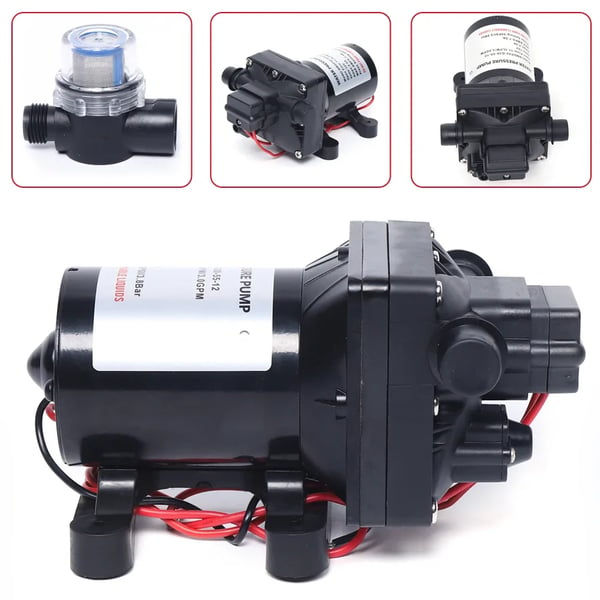 Vandpumpe - 12V DC membranpumpe - Selvansugende - Trykpumpe - Til have og autocamper - EU-stik - Sort