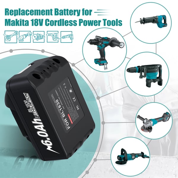 Batteri til Makita 18V, erstatningsbatteri, grå, kompatibel med BL1830/BL1840/BL1840B/BL1850/BL1850B/BL1890