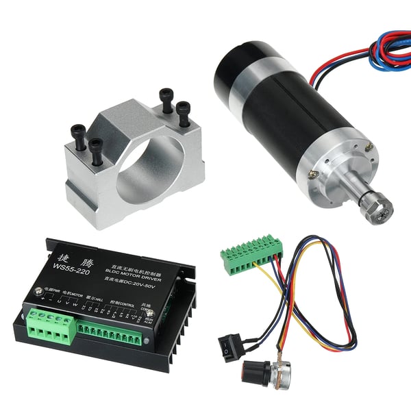 CNC Spindelmotor 500W - ER11500W - Børsteløs - Luftkølet - ER11 Spændetang - 48V Hastighedsregulator - 12000 omdr/min - 0,6 N·m - Sort