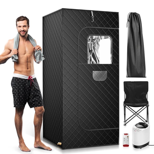 Dampsaunatelt - Bærbar sauna - 9 varmeniveauer - 2,6 l dampgenerator - Foldestol - Fjernbetjening - 180×80×80 cm - Vinduer øverst - Sort Dampsaunatelt - Bærbar sauna - 9 varmeniveauer - 2,6 l dampgenerator - Foldestol - Fjernbetjening - 180×80×80 cm - Vinduer øverst - Sort