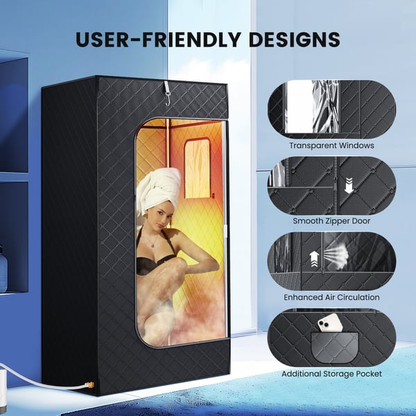 Dampsaunatelt - Bærbar sauna - 9 varmeniveauer - 2,6 l dampgenerator - Foldestol - Fjernbetjening - 180×80×80 cm - Vinduer øverst - Sort