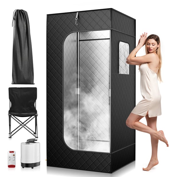 Dampsaunatelt - Bærbar sauna - 9 varmeniveauer - 2,6 l dampgenerator - Foldestol - Fjernbetjening - 180×80×80 cm - Vinduer øverst - Sort