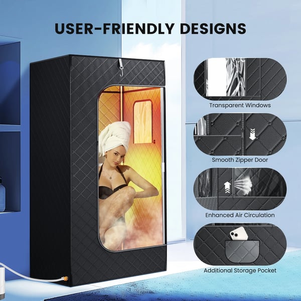 Dampsaunatelt - Bærbar sauna - 9 varmeniveauer - 2,6 l dampgenerator - Foldestol - Fjernbetjening - 180×80×80 cm - Vinduer øverst - Sort