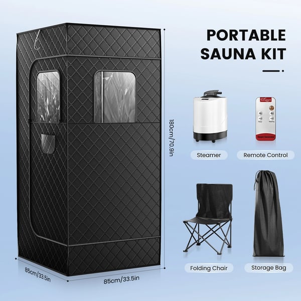 Dampsaunatelt - Bærbar sauna - 9 varmeniveauer - 2,6 l dampgenerator - Foldestol - Fjernbetjening - 180×80×80 cm - Vinduer øverst - Sort