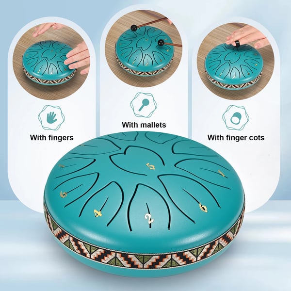 Steel Tongue Drum - Stål tungetromme - 15 cm - 8 Toner - Håndspil - Inkl. Nodebog - Bæretaske - Til Yoga & Meditation