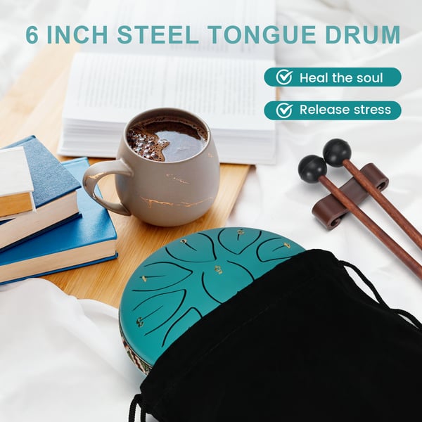 Steel Tongue Drum - Stål tungetromme - 15 cm - 8 Toner - Håndspil - Inkl. Nodebog - Bæretaske - Til Yoga & Meditation