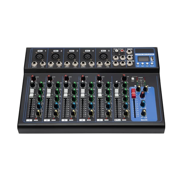 Bluetooth ljudmixer, 7‑kanals USB DJ‑mixerbord, bärbar, MP3‑ingång, 48V strömförsörjning, för studiobruk, svart