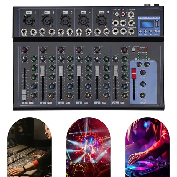 Bluetooth lydmixer, 7‑kanals USB DJ‑mixerpult, bærbar, MP3‑indgang, 48V strømforsyning, til studieoptagelse, sort