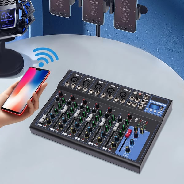 Bluetooth lydmixer, 7‑kanals USB DJ‑mixerpult, bærbar, MP3‑indgang, 48V strømforsyning, til studieoptagelse, sort