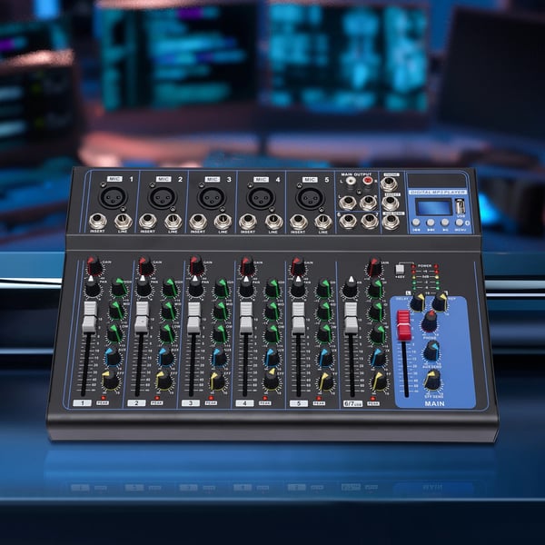 Bluetooth lydmixer, 7‑kanals USB DJ‑mixerpult, bærbar, MP3‑indgang, 48V strømforsyning, til studieoptagelse, sort