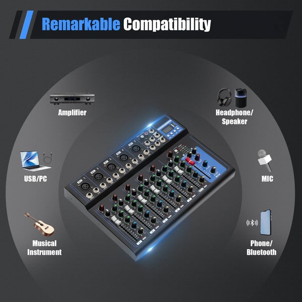 Bluetooth lydmixer, 7‑kanals USB DJ‑mixerpult, bærbar, MP3‑indgang, 48V strømforsyning, til studieoptagelse, sort