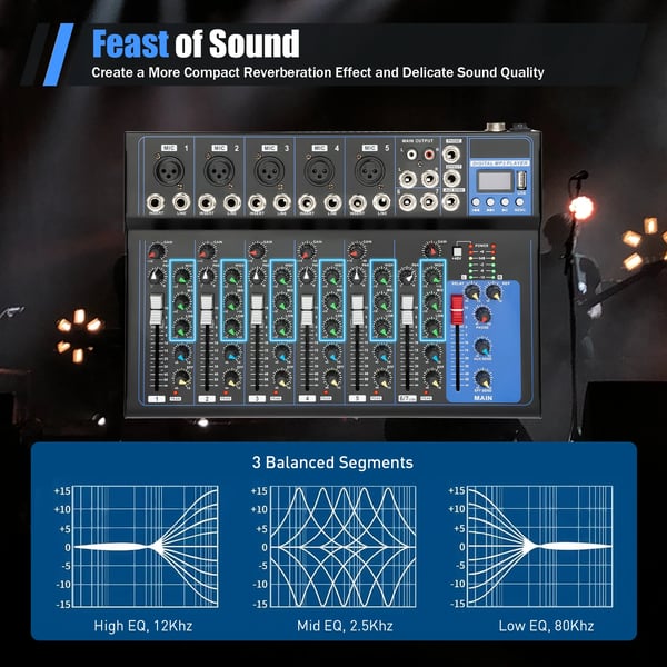 Bluetooth lydmixer, 7‑kanals USB DJ‑mixerpult, bærbar, MP3‑indgang, 48V strømforsyning, til studieoptagelse, sort