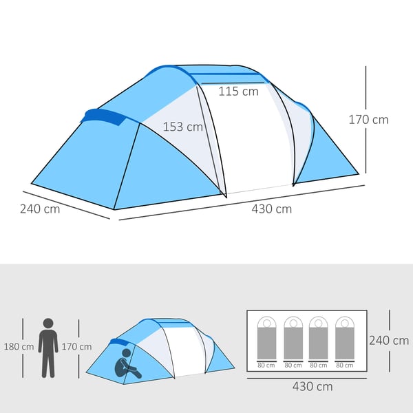 Campingtält - 2-personers - Ett sovrum - 430×240×170 cm - Polyester - Blå/vit