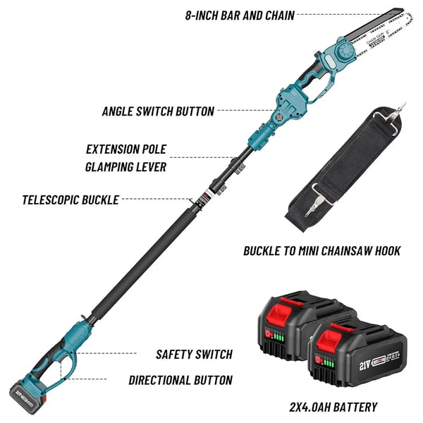 8'' ledningsfri stangkædesav, børsteløs teleskopstang 2,8 m, til Makita 18V, inkl. 2x batterier, karminrød