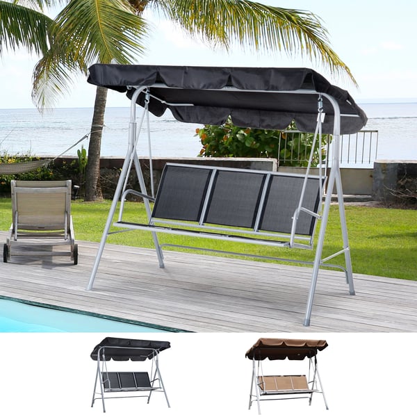 Trädgårdsgunga - 3-Sits Gungsoffa Med Tak - Justerbart Ryggstöd - Andningsbar Textilene - Metallram - Max 240 kg - 171×108×154 cm - Svart