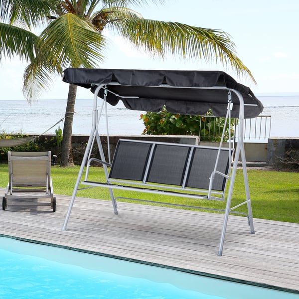 Trädgårdsgunga - 3-Sits Gungsoffa Med Tak - Justerbart Ryggstöd - Andningsbar Textilene - Metallram - Max 240 kg - 171×108×154 cm - Svart
