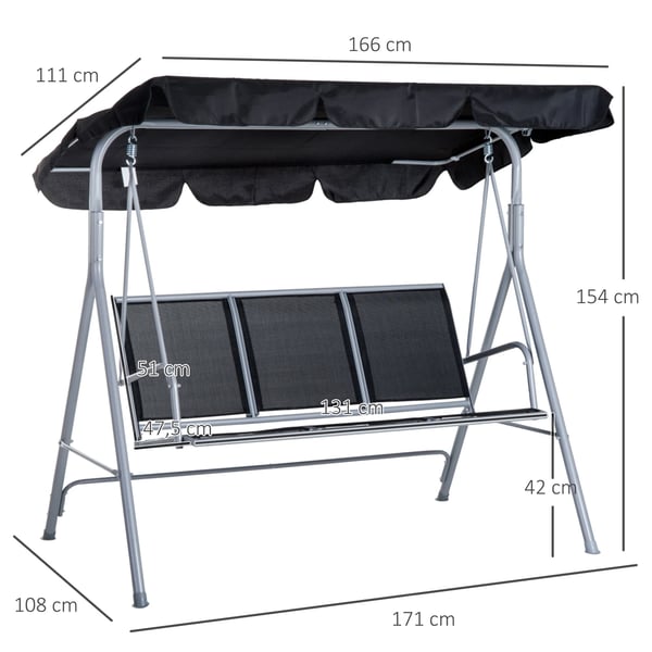 Trädgårdsgunga - 3-Sits Gungsoffa Med Tak - Justerbart Ryggstöd - Andningsbar Textilene - Metallram - Max 240 kg - 171×108×154 cm - Svart