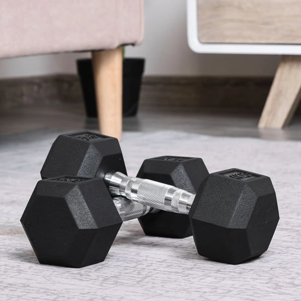 Hantelset - Sexkantiga Hantlar - 2×4 kg (8 kg Totalt) - Metallkopplingsstång - För Styrketräning, Armar - Svart