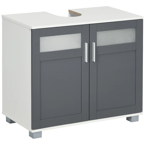 Badrumsskåp - Handfatsunderskåp - Med 2 glasdörrar - Mått 69x35x59 cm - MDF & härdat glas - Modern stil - Montering krävs - Grå/Vit