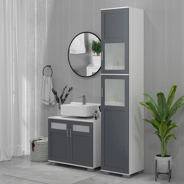 Badrumsskåp - Handfatsunderskåp - Med 2 glasdörrar - Mått 69x35x59 cm - MDF & härdat glas - Modern stil - Montering krävs - Grå/Vit