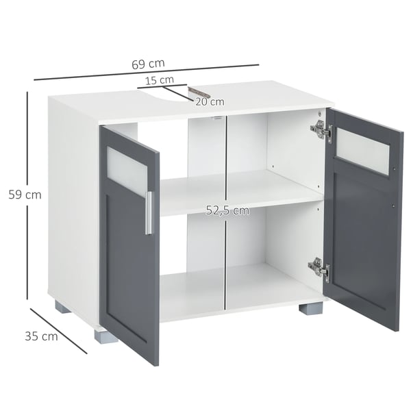 Badrumsskåp - Handfatsunderskåp - Med 2 glasdörrar - Mått 69x35x59 cm - MDF & härdat glas - Modern stil - Montering krävs - Grå/Vit