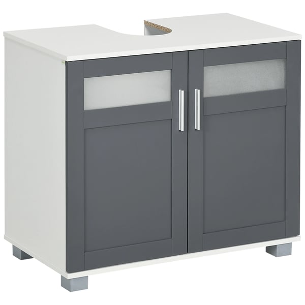 Badrumsskåp - Handfatsunderskåp - Med 2 glasdörrar - Mått 69x35x59 cm - MDF & härdat glas - Modern stil - Montering krävs - Grå/Vit