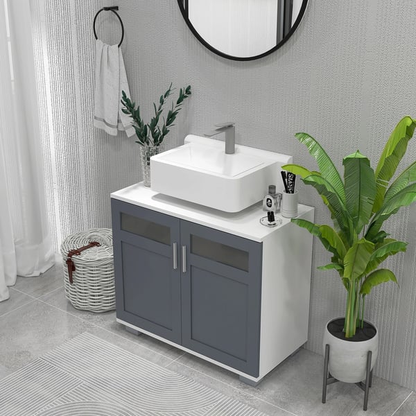 Badrumsskåp - Handfatsunderskåp - Med 2 glasdörrar - Mått 69x35x59 cm - MDF & härdat glas - Modern stil - Montering krävs - Grå/Vit