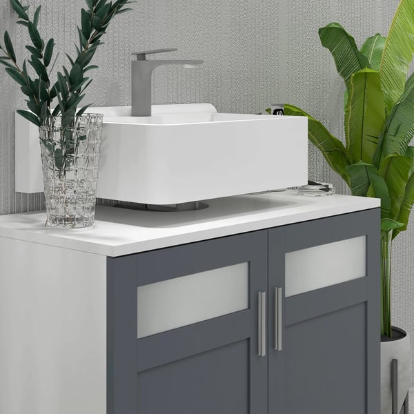 Badrumsskåp - Handfatsunderskåp - Med 2 glasdörrar - Mått 69x35x59 cm - MDF & härdat glas - Modern stil - Montering krävs - Grå/Vit