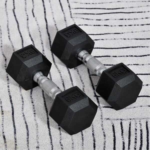 Hantelset - Hexagonhantlar med metallkopplingsstång - 12 kg totalvikt - 2×6 kg - Styrketräning, Armar - Svart