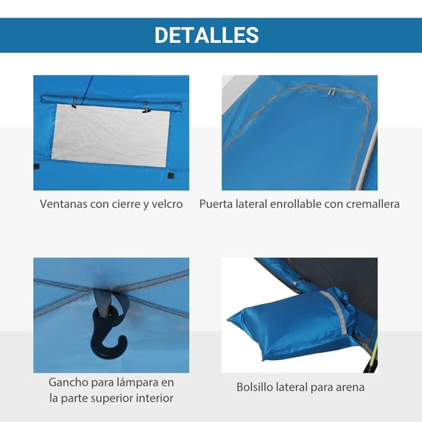 Strandtält - Pop-up - Två dörrar - Två fönster - Storlek 220×173×120 cm - För 2 personer - Polyester & glasfiber - Blå