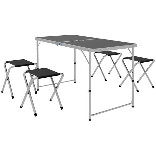 Campingbord med stolar - Hopfällbart 5-delars set - 120x60x77 cm - Aluminiumram, MDF-skiva - Portabel - Svart
