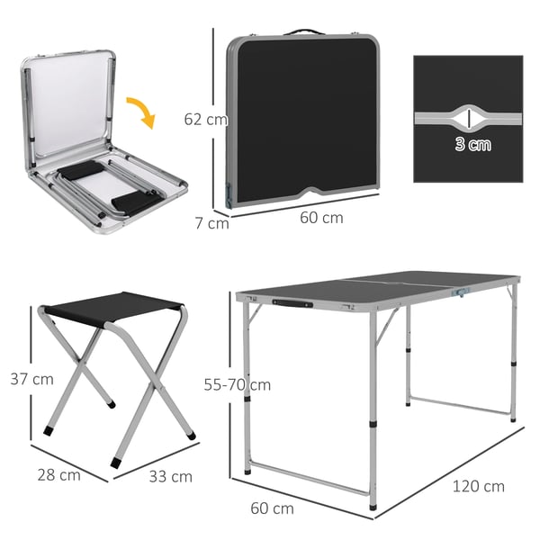 Campingbord med stolar - Hopfällbart 5-delars set - 120x60x77 cm - Aluminiumram, MDF-skiva - Portabel - Svart