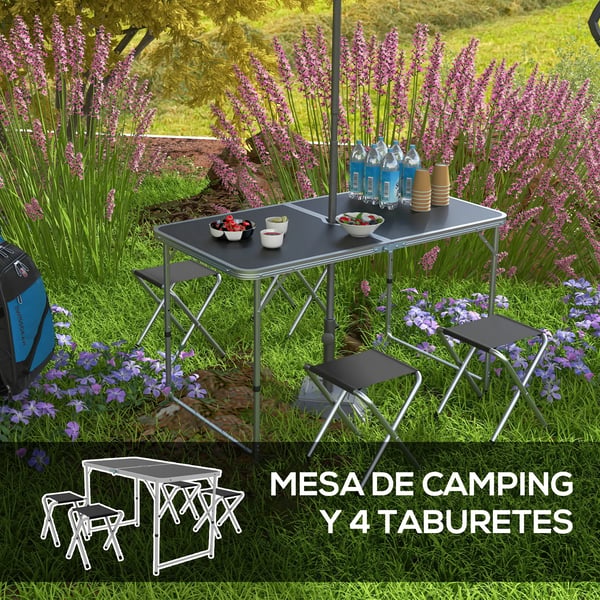 Campingbord med stolar - Hopfällbart 5-delars set - 120x60x77 cm - Aluminiumram, MDF-skiva - Portabel - Svart