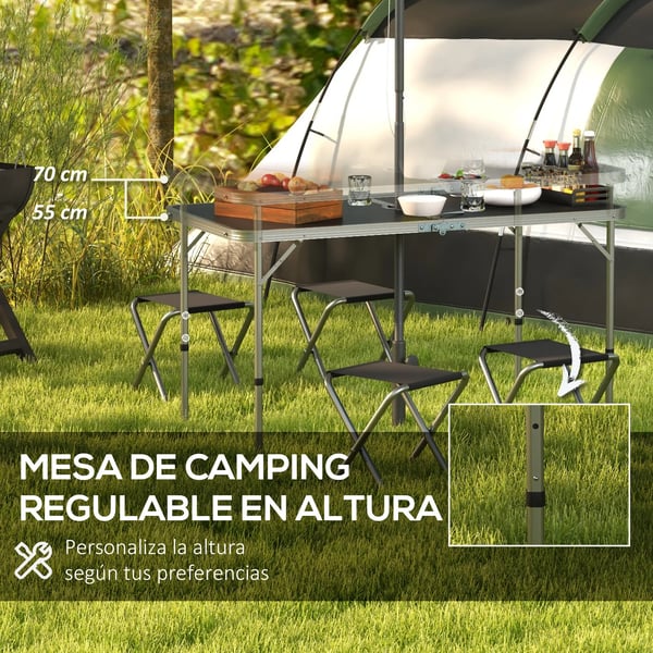 Campingbord med stolar - Hopfällbart 5-delars set - 120x60x77 cm - Aluminiumram, MDF-skiva - Portabel - Svart