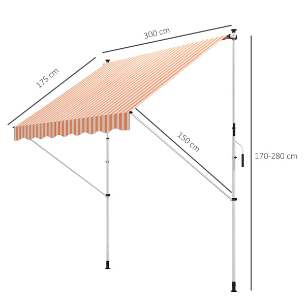 Manuell infällbar markis - Terrassmarkis - 300 x 150 cm - Justerbar höjd 170–280 cm - Polybomull - Orange