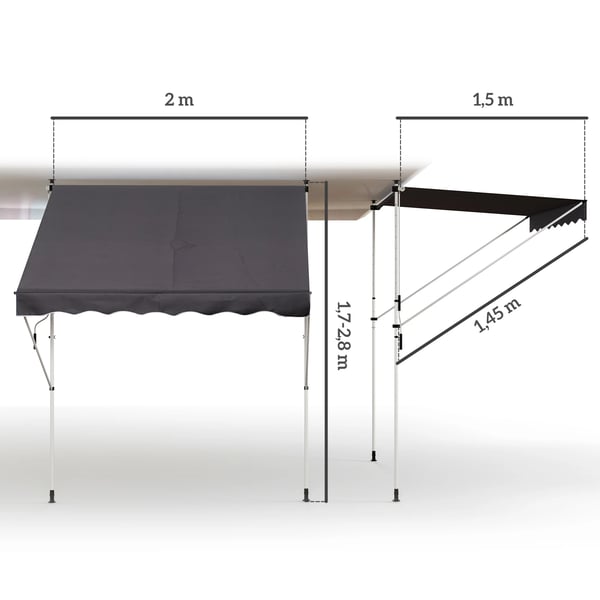 Terrassmarkis - Manuell utdragbar markis - 200 x 150 cm - Justerbar höjd 170–280 cm - Polycotton-duk - Med vev - Ljusgrå