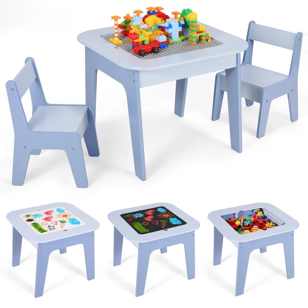 Lasten aktiviteettipöytä - 2‑in‑1 palikkapöytä 2 tuolilla - Säilytys - Puu - 60 x 60 x 49 cm - Askarteluun ja lukemiseen - Sininen