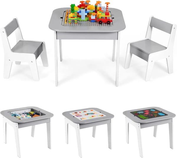 Lasten aktiviteettipöytä - Pöytä 2 tuolilla - 2-in-1 Rakennuspalikkakansi - Säilytystilalla - Puu - 60 x 60 x 49 cm - Harmaa
