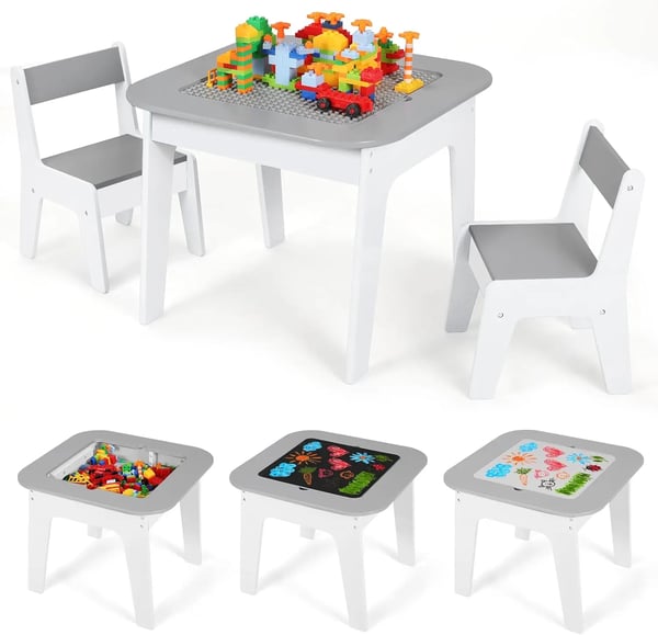 Aktivitetsbord til børn - Bord med 2 stole - 2-i-1 Byggeklods-bordplade - Med Opbevaring - Træ - 60 x 60 x 49 cm - Grå
