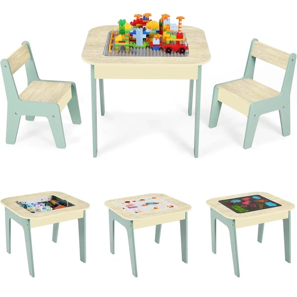 Aktivitetsbord til børn - Bord med 2 stole - 2-i-1 Byggeklodsoverflade - Opbevaring - Træ - 60 x 60 x 49 cm - Lysegrøn