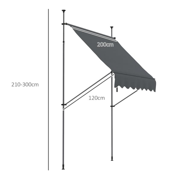 Infällbar markis - Manuell terrassmarkis - 2 x 1,2 m - Vev - Justerbar höjd 210–300 cm - Polybomull - Mörkgrå