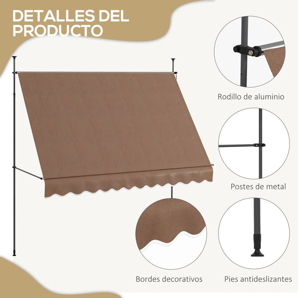 Terrassmarkis - Manuell indragbar med vev - Mått 3 x 1,2 m - Justerbar höjd 210–300 cm - Polybomull - Brun