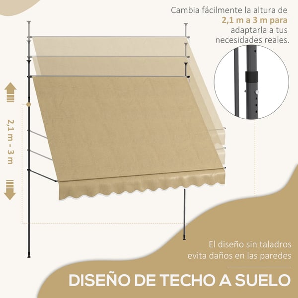 Terrassmarkis - Manuell utdragbar - 300 x 120 cm - Justerbar höjd 210–300 cm - Vev - Polyester/bomull - Vit