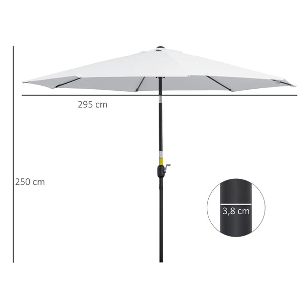 Trädgårdsparasoll - Terrassparasoll - Ø295 x 250 cm - Vev och lutning - Fristående - Vit