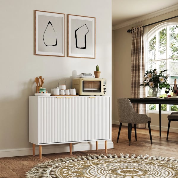 Sideboard - Skänk - 3 räfflade dörrar - Justerbar hylla - 107x35x80 cm - Montering krävs - Vit
