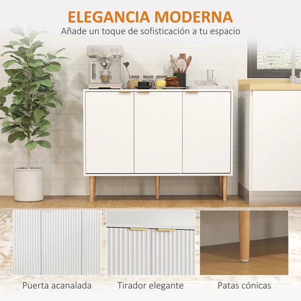 Sideboard - Skänk - 3 räfflade dörrar - Justerbar hylla - 107x35x80 cm - Montering krävs - Vit