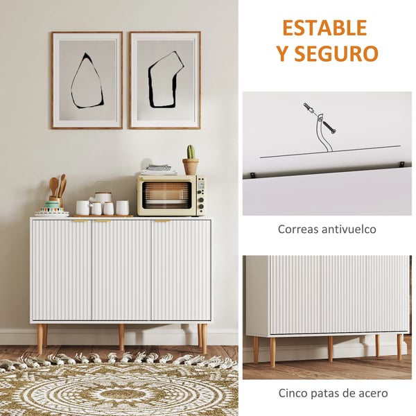 Sideboard - Skänk - 3 räfflade dörrar - Justerbar hylla - 107x35x80 cm - Montering krävs - Vit